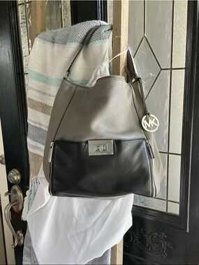 Michael Kors Two-Tone Gray and Black Pebble Leather Shoulder Bag with MK Charm